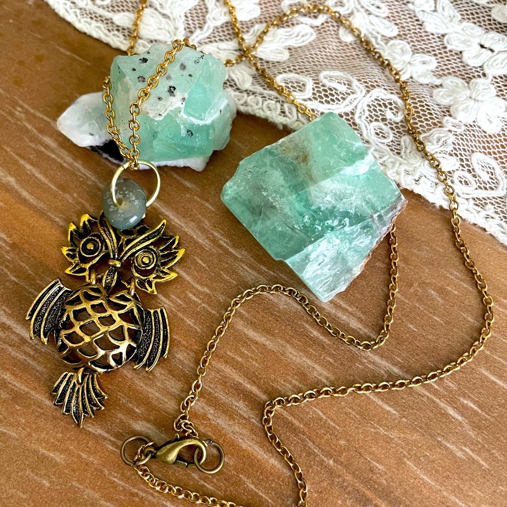 🌿 Owl and Agate Stone Charm Necklace 🌿